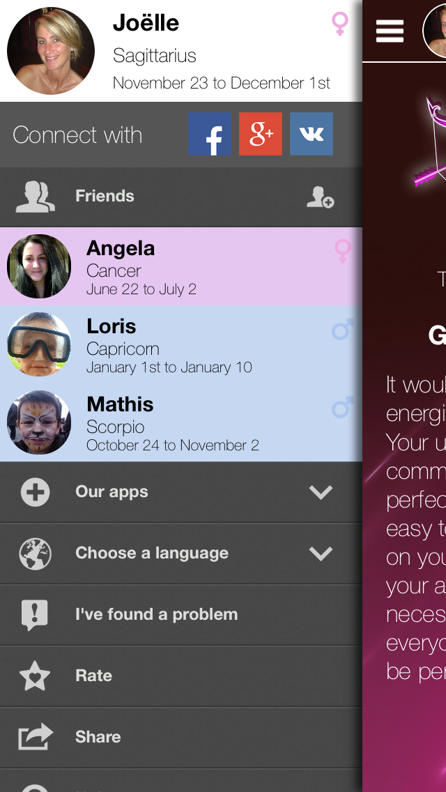 Fem Horoscope Screenshot menu view